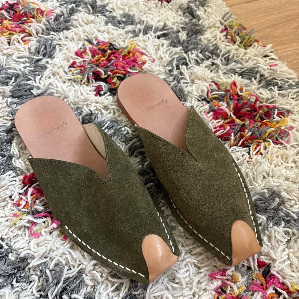 By James Luca Slides Olive Green Suede Mules